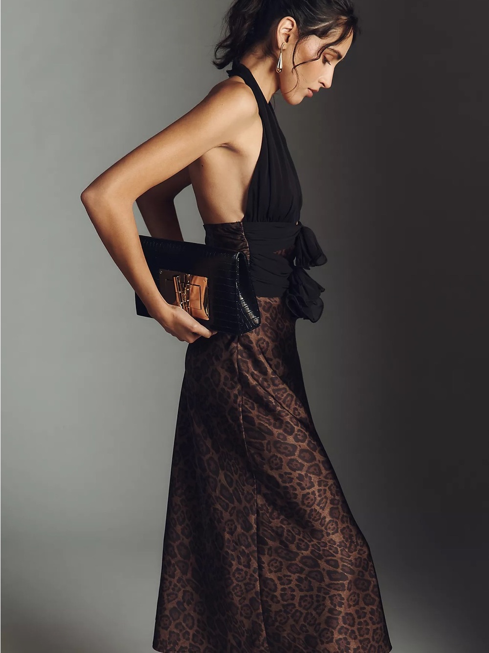 Anthropologie Black Halter Top with Brown Leopard Midi Skirt